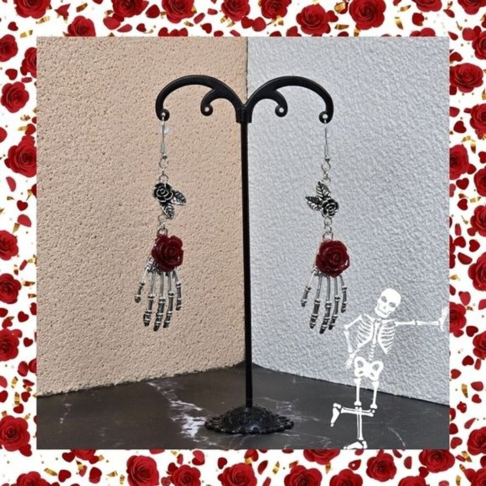 🎃 Skeleton‎ Hand Earrings with Red Rose (NWOT)